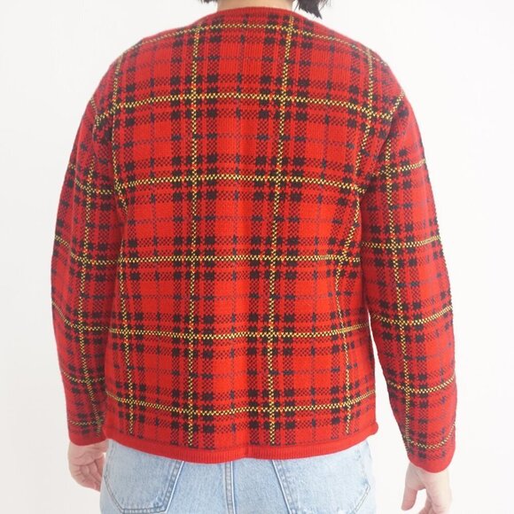 Vintage Classic Elements Red Black Tartan Button Up Cardigan Sweater PS - Picture 3 of 10